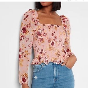 Express light pink floral print blouse puff sleeve long sleeve yellow dark pink